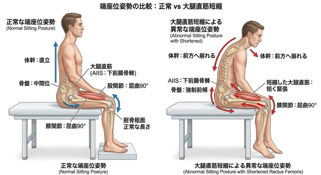 正常な端座位姿勢と大腿直筋の短縮による端座位姿勢の比較