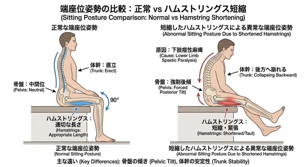 正常な端座位とハムストリングス短縮による端座位姿勢の比較